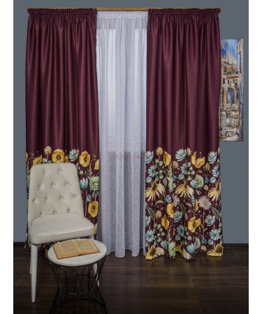 Draperie satin grena,flori multicolore Draperie satin grena,flori multicolore