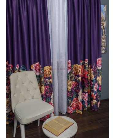 Draperie satin mov,flori multicolore Draperie satin mov,flori multicolore
