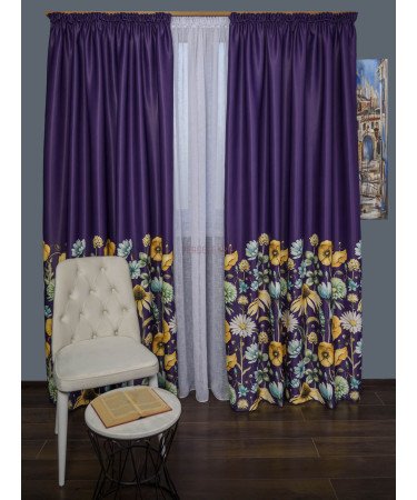 Draperie satin mov,flori multicolore Draperie satin mov,flori multicolore