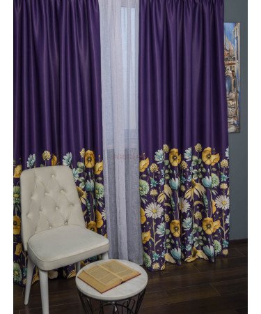 Draperie satin mov,flori multicolore Draperie satin mov,flori multicolore
