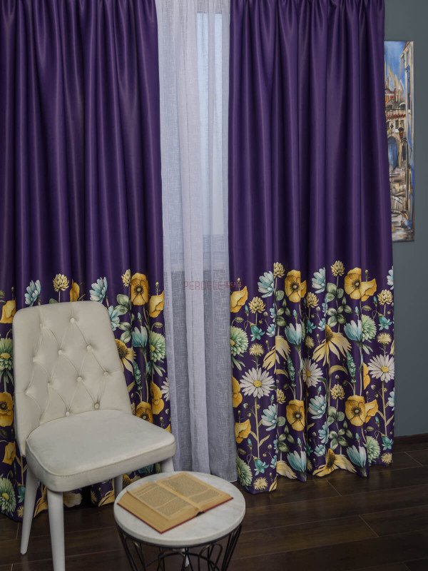 Draperie satin mov,flori multicolore