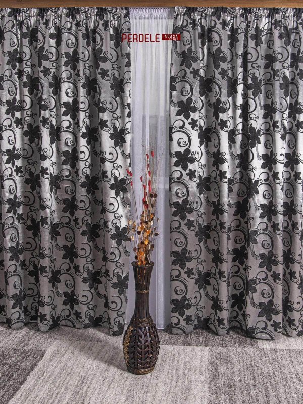 draperie tafta,gri/negru,model flori