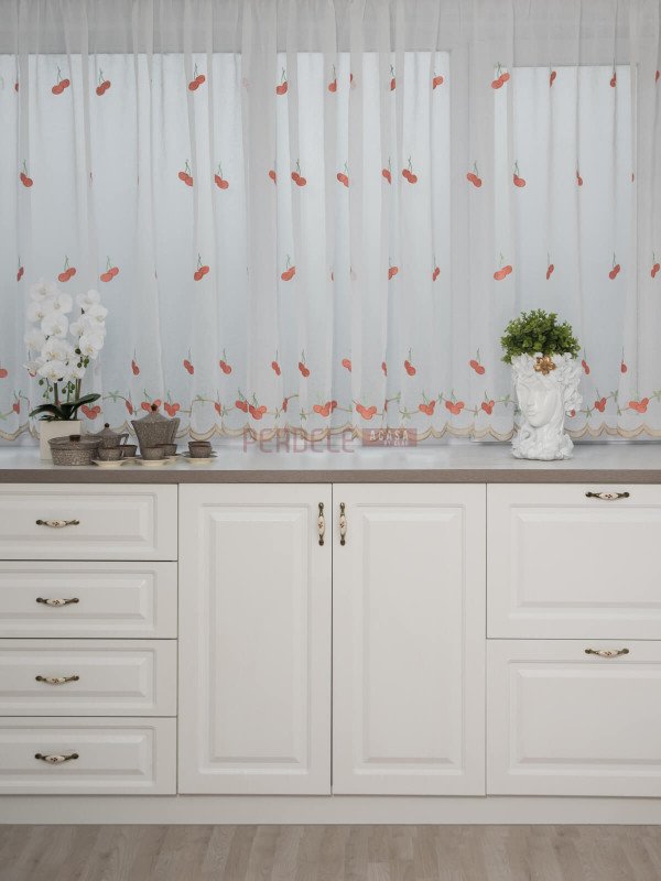 Perdea bucatarie, ivoire/rosu