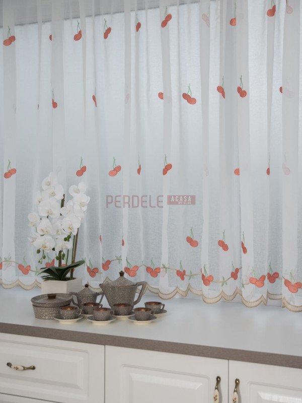 Perdea bucatarie, ivoire/rosu