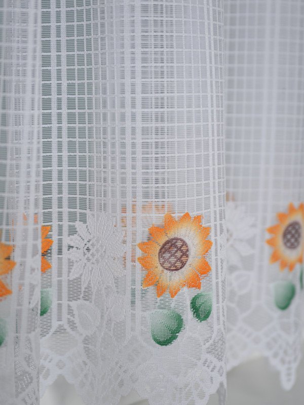 Perdea bucatarie , scurta de pascani alba ,floarea soarelui