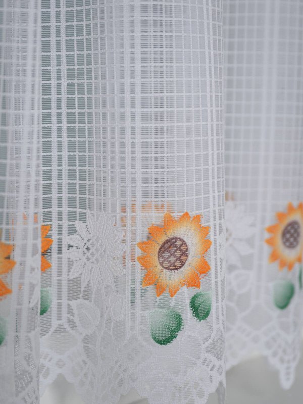 Perdea bucatarie , scurta de pascani alba ,floarea soarelui