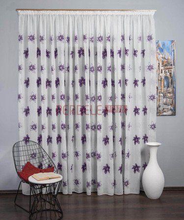 Perdea tip in brodat, alb/mov