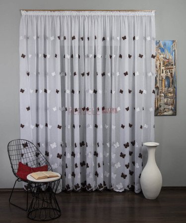 Perdea in brodat, alb/maro, model fluturi