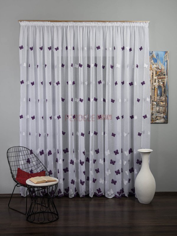 Perdea in brodat, alb/mov, model fluturi