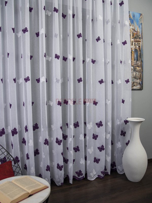 Perdea in brodat, alb/mov, model fluturi