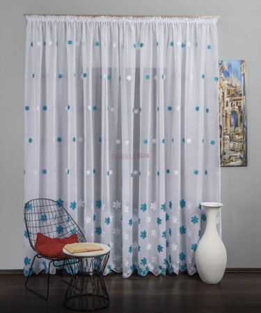 Perdea tip in alb/turqoise, model flori