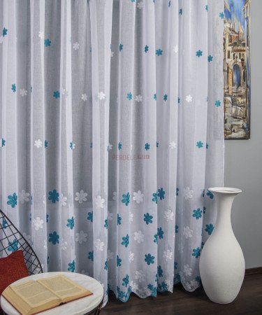 Perdea tip in alb/turqoise, model flori