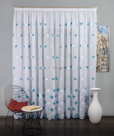 Perdea tip in brodat, model fluturi, alb/turqoise