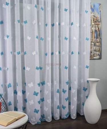 Perdea tip in brodat, model fluturi, alb/turqoise Perdea tip in brodat, model fluturi, alb/turqoise