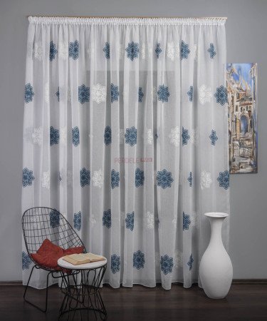Perdea model flori, alb/albastru