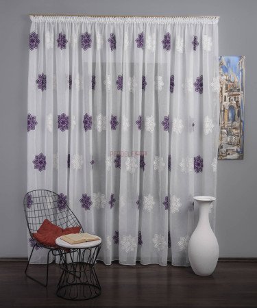 Perdea model flori, alb/mov