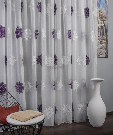 Perdea model flori, alb/mov Perdea model flori, alb/mov