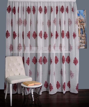 Perdea tip in brodat alb/grena