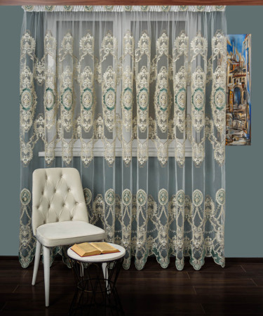 Perdea tulle brodat ivoire/turqoise