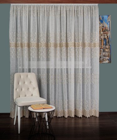 Perdea tip in cu broderie dantela ivoire/auriu
