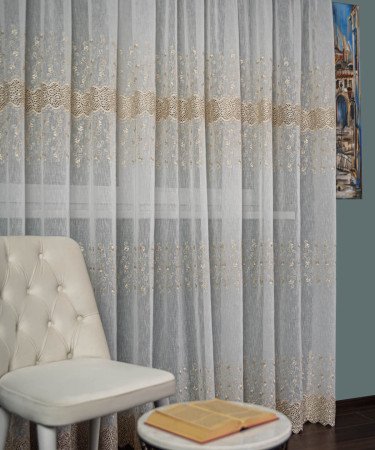 Perdea tip in cu broderie dantela ivoire/auriu
