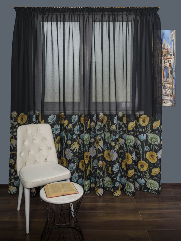 Perdea tip in imprimat, negru/flori multicolore