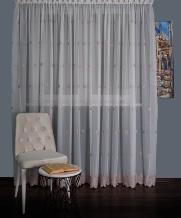 Perdea triplu voal brodat alb/roz