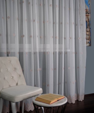 Perdea triplu voal brodat alb/roz