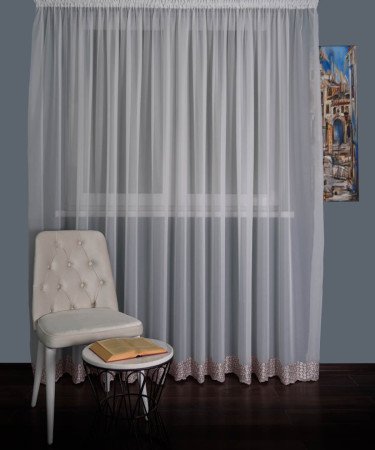 Perdea triplu voal brodat alb/roz