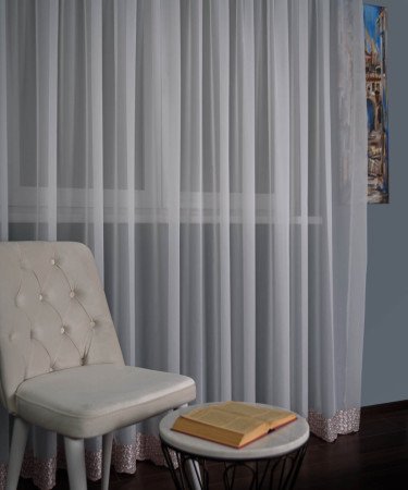 Perdea triplu voal brodat alb/roz