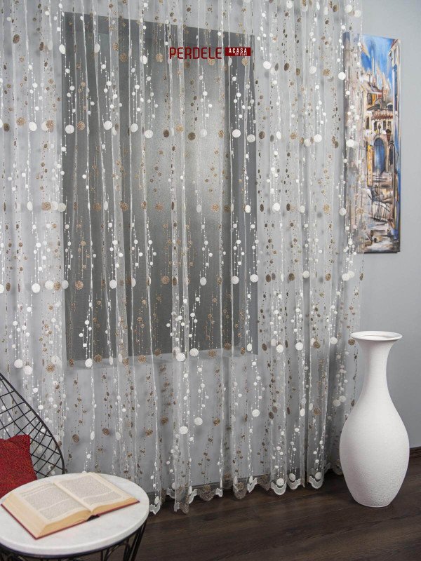 Perdea tulle brodat alb/maro