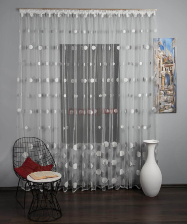 Perdea tulle brodat, alb/gri