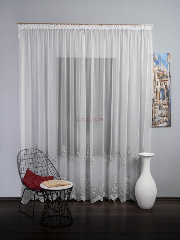 Perdea tulle brodat ivoire,gri