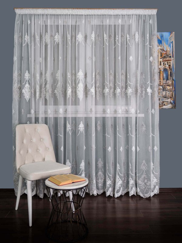 Perdea tulle brodat alb/gri