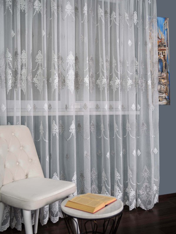 Perdea tulle brodat alb/gri
