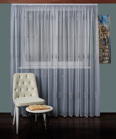 Perdea tulle brodat alb/gri