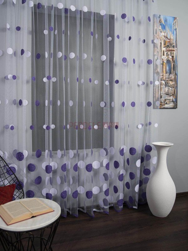 Perdea tulle brodat, alb/mov