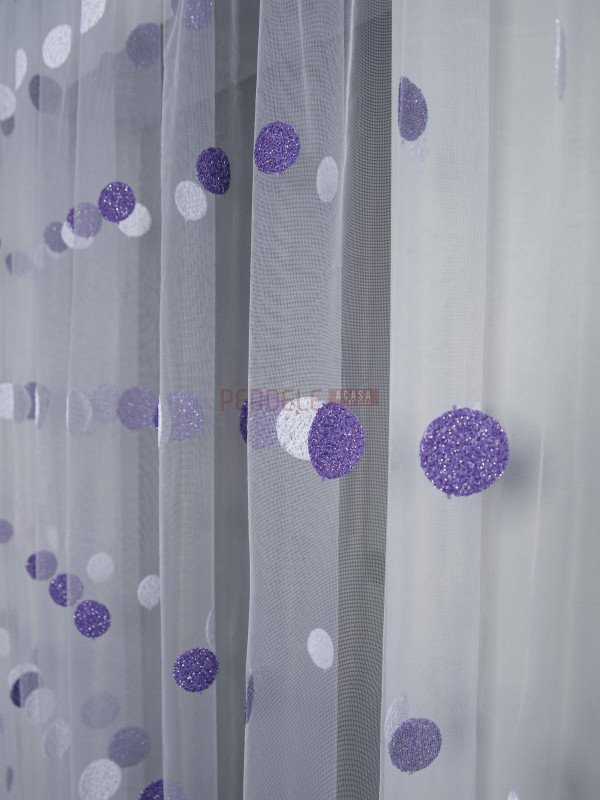 Perdea tulle brodat, alb/mov