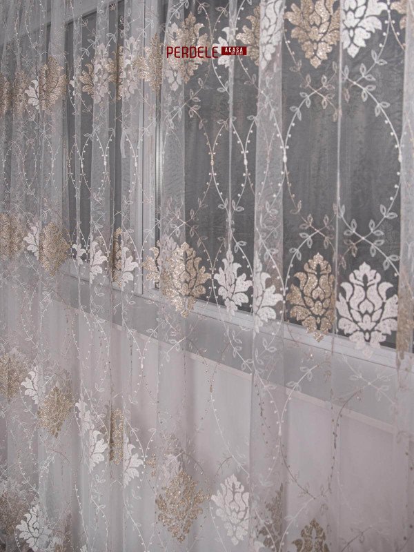 Perdea tulle brodat,crem,bej