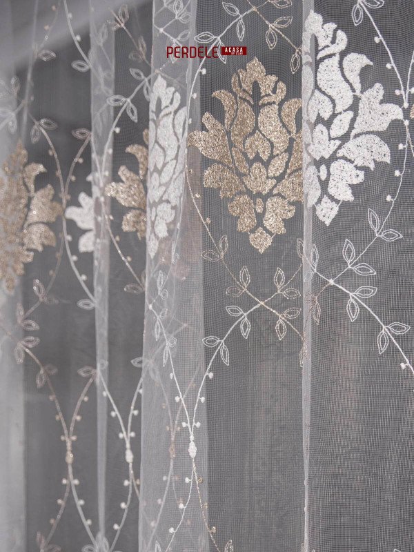 Perdea tulle brodat,crem,bej