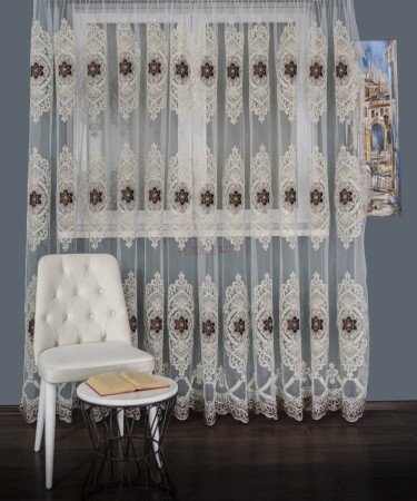 Perdea tulle brodat, crem/maro