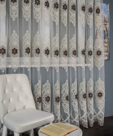 Perdea tulle brodat, crem/maro Perdea tulle brodat, crem/maro