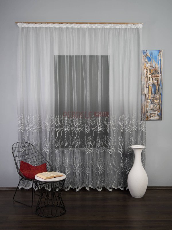 Perdea tulle brodat, degrade gri/alb