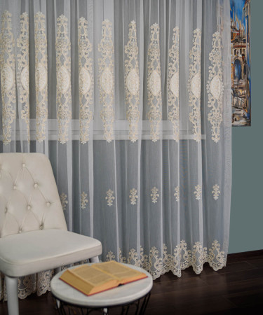 Perdea tulle brodat ivoire/auriu Perdea tulle brodat ivoire/auriu