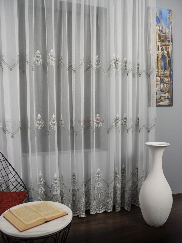 Perdea tulle brodat ivoire,gri