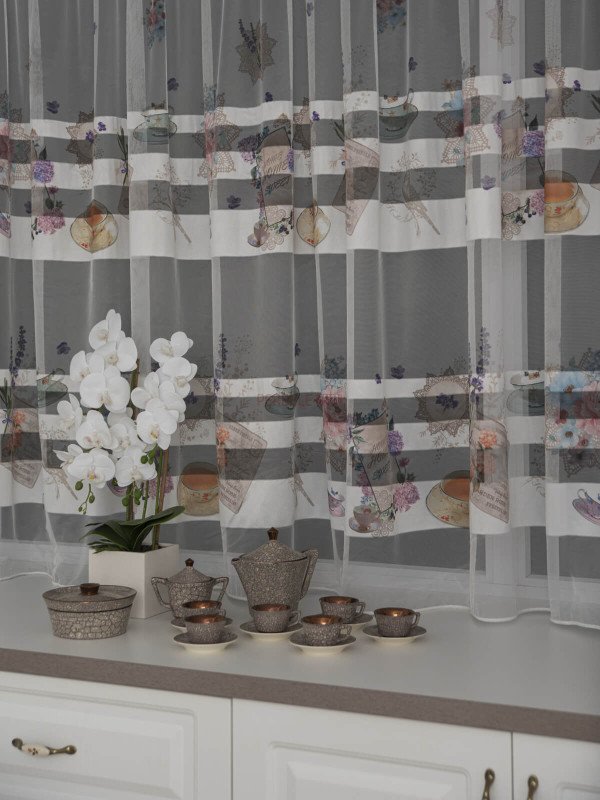 Perdea tulle cu benzi satinate, model specific bucatarie