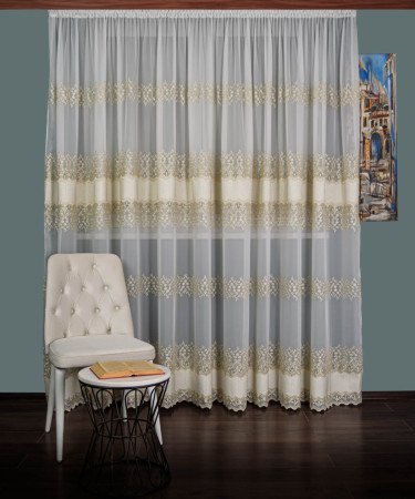 Perdea voal brodat, crem/auriu