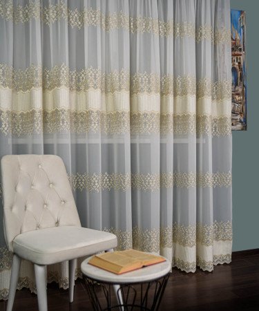 Perdea voal brodat, crem/auriu