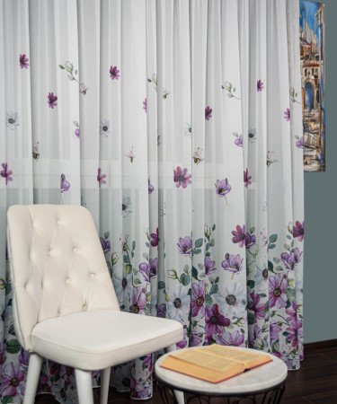 Perdea voal model flori, mov