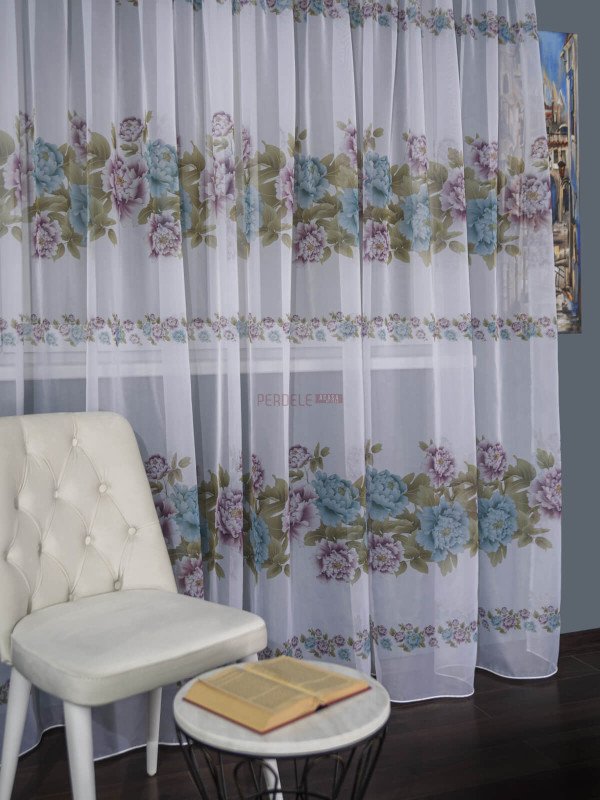 Perdea voal model flori, roz/bleu